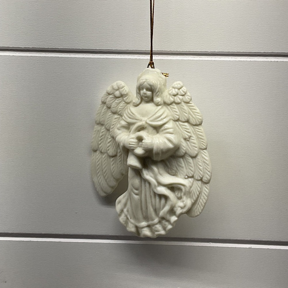 White Ceramic Angel Ornament Relief Figurine with Horn Christmas Decor